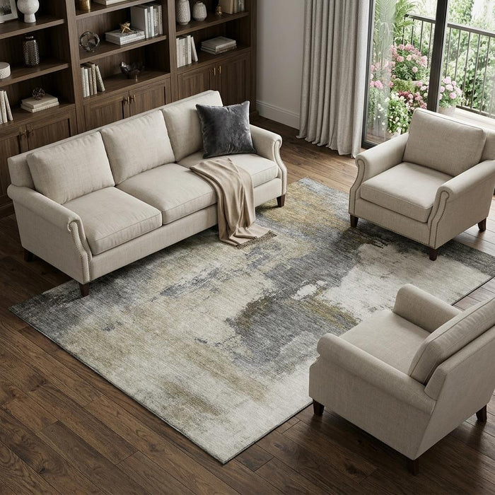 10' X 14' Abstract Washable Area Rug With UV Protection (683536) - Gray / Silver / Beige