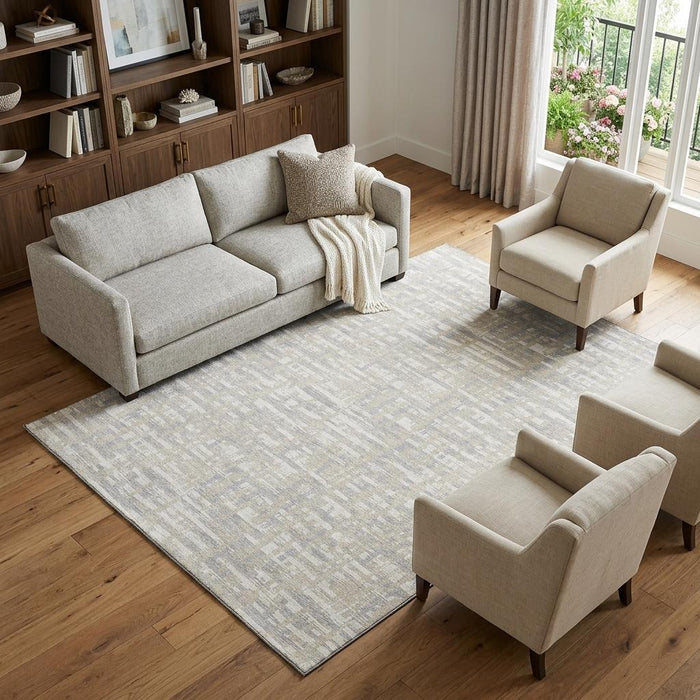 10' X 14' Abstract Geometric Washable Area Rug With UV Protection (683027) - Beige / Ivory / Silver