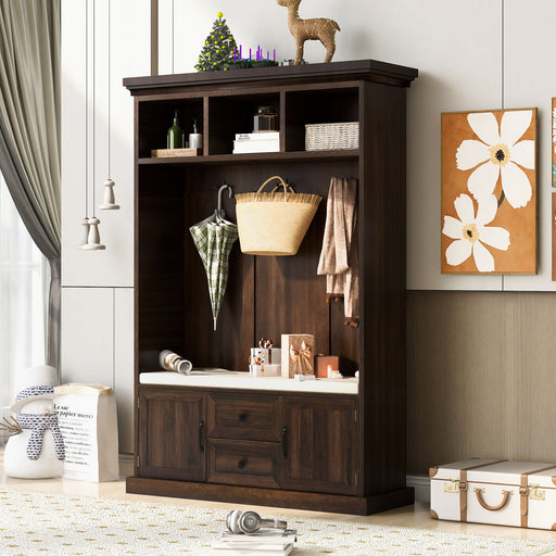 Giga hall tree with 3 hooks, coat hanger, and storage bench, 3-in-1 entryway bench and coat rack with wooden finish