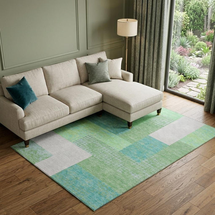 10' X 14' Geometric Washable Area Rug With UV Protection (674910) - Artichoke Green / Teal / Ivory