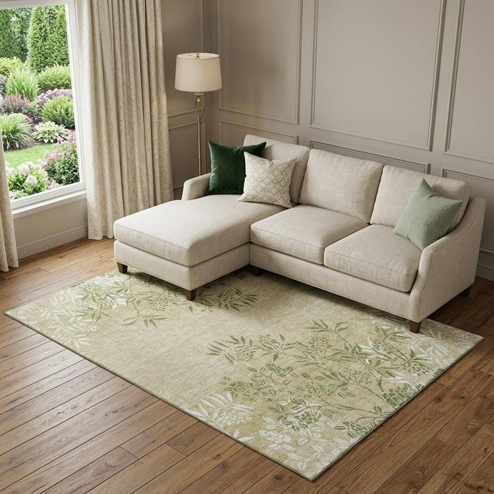 10' X 14' Floral Washable Area Rug With UV Protection (655644) - Khaki / Green / Ivory
