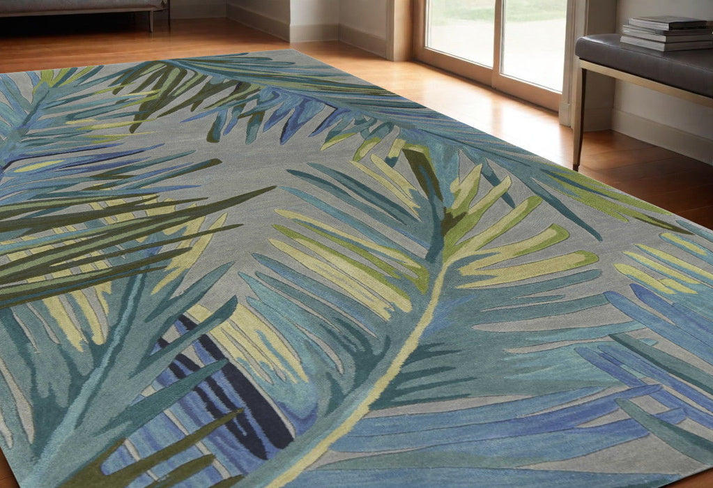 5' x 8' Hand Tufted Tropical Palms Indoor Area Rug - Gray Blue