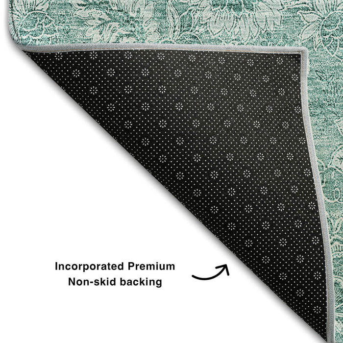 10' X 14' Floral Washable Area Rug With UV Protection (655156) - Teal / Ivory