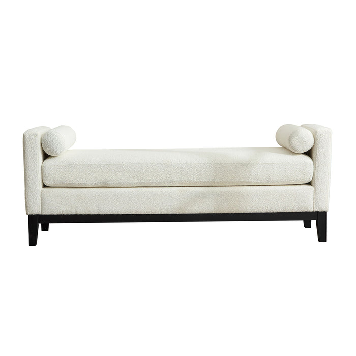 Elegant ivory boucle upholstered bench with wood legs and bolster pillows, versatile daybed and ottoman by Giga.