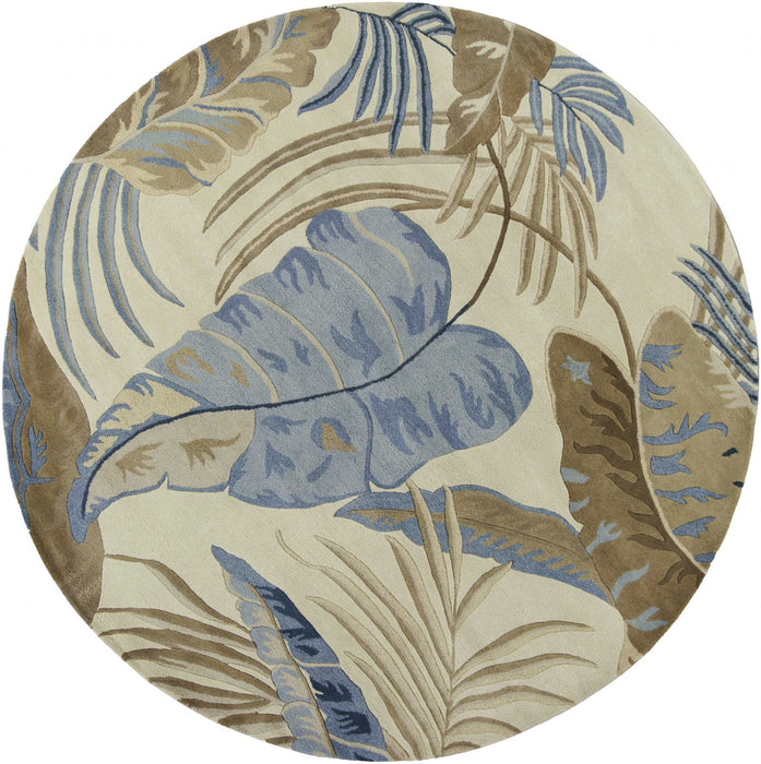 8' Hand Tufted Tropical Leaves Round Indoor Area Rug - Ivory Blue