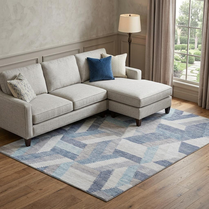 10' X 14' Geometric Washable Area Rug With UV Protection (692454) - Denim Blue / Ivory / Gray