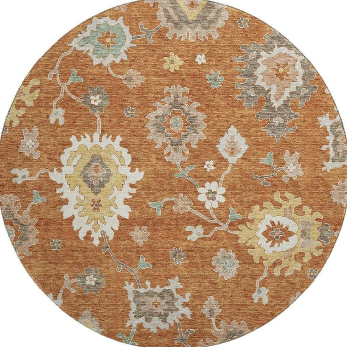8' Floral Medallion Washable Round Rug With UV Protection - Rust