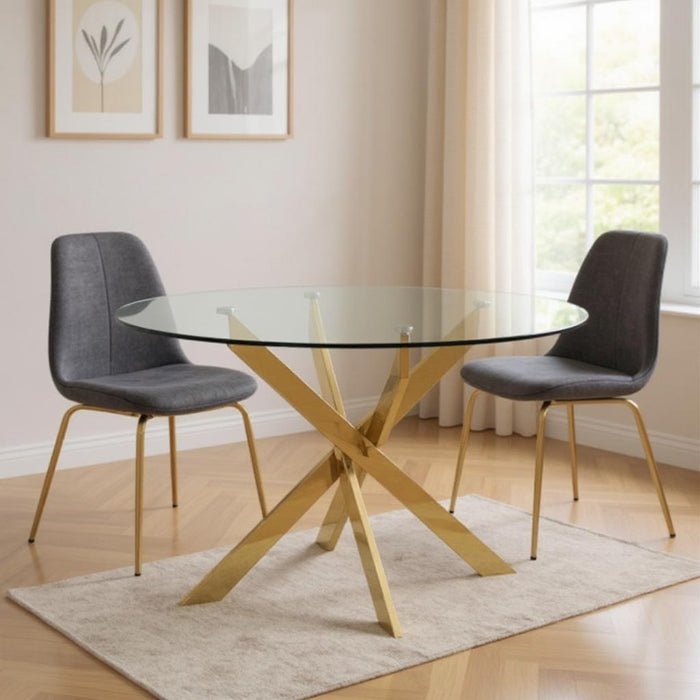 54" Glass And Metal Cross Leg Base Round Top Dining Table - Clear / Gold