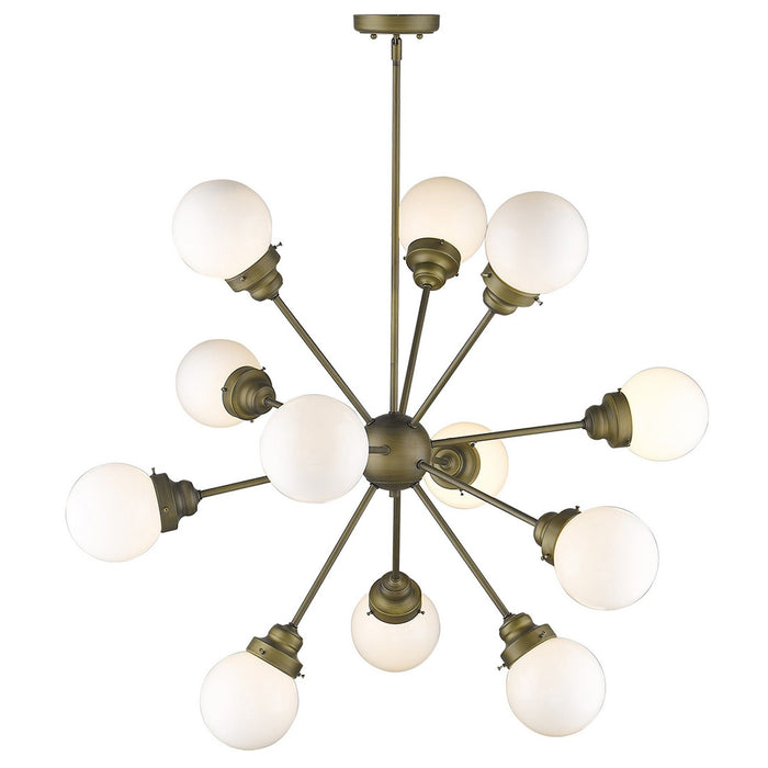 HomeRoots Sputnik twelve-light chandelier with frosted metal, off-white shades, bronze finish, dimmable, modern chandelier lighting fixture
