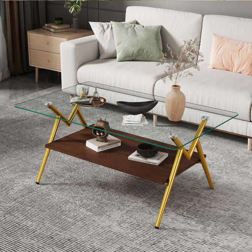 Giga rectangular coffee table with tempered glass top and shelf, modern living room furniture piece.