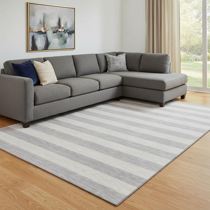 10' X 14' Striped Washable Area Rug With UV Protection (647764) - Pewter / Gray