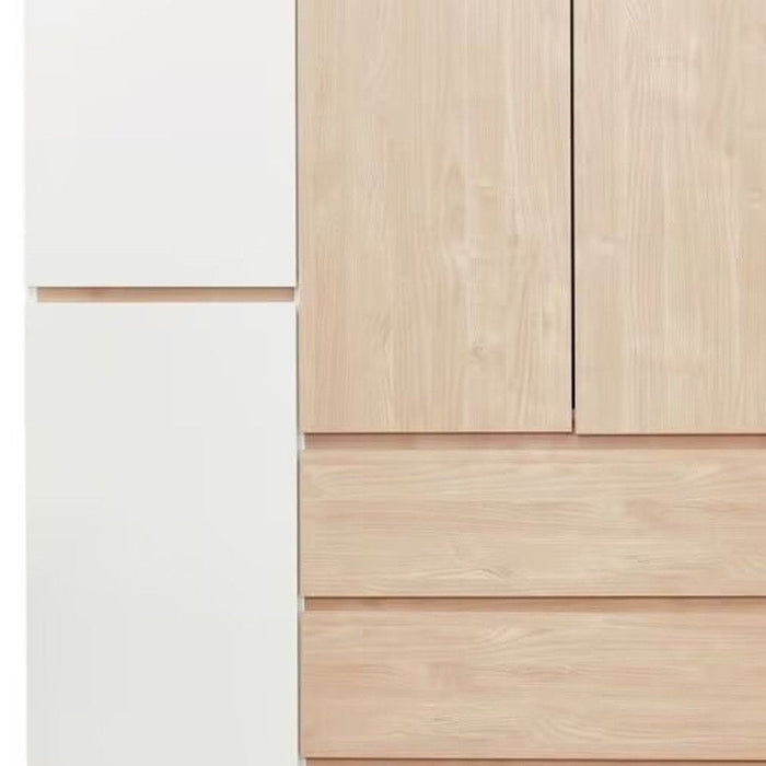 White and natural 75-inch six-door, three-drawer combo dresser wardrobe by HomeRoots with spacious storage compartments.