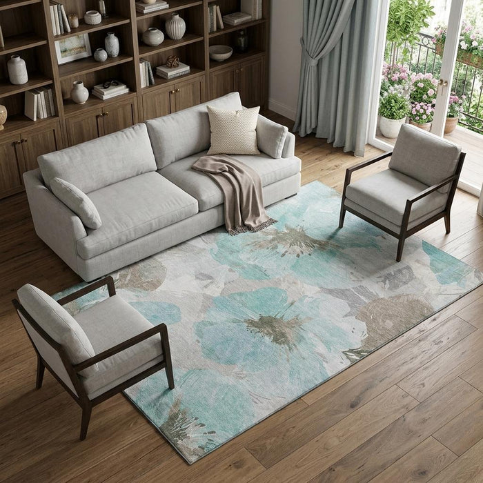 10' X 14' Floral Washable Area Rug With UV Protection (694412) - Teal / Ivory / Beige