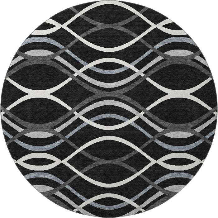 8' Transitional Abstract Washable Polyester Round Rug With UV Protection - Black / Gray