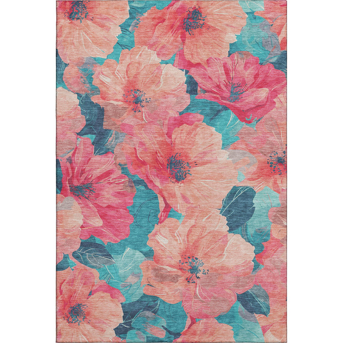 10' X 14' Floral Washable Area Rug With UV Protection (694346) - Salmon / Teal