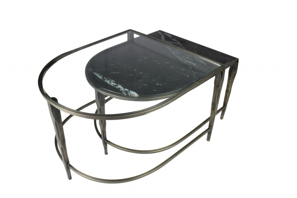 Set of two black marble top and glass nesting coffee tables by HomeRoots, showcasing sleek modern design and smooth surfaces.