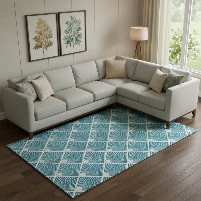 10' X 14' Abstract Geometric Washable Area Rug With UV Protection (672725) - Teal / Ivory