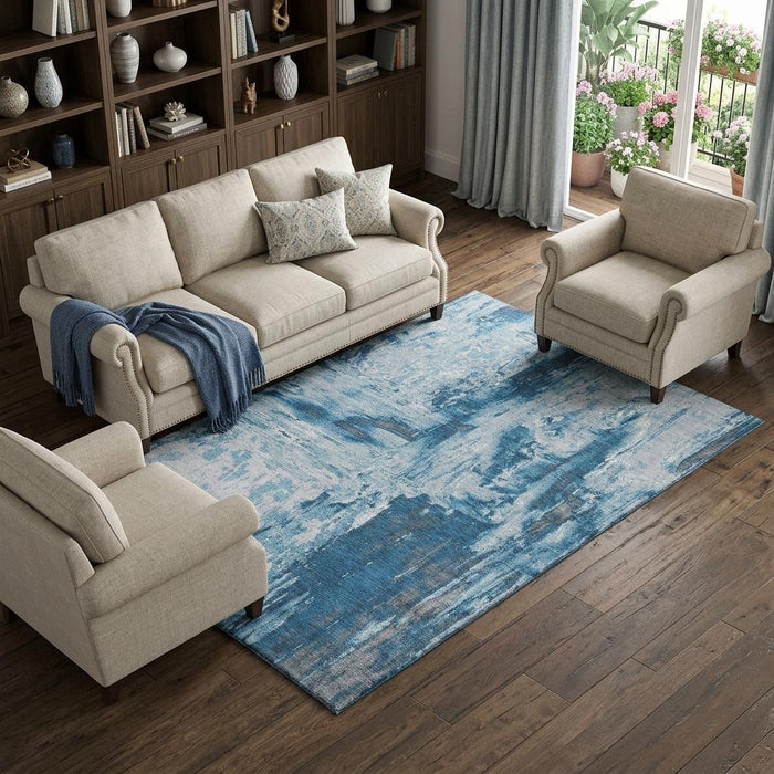 10' X 14' Abstract Washable Area Rug With UV Protection (693144) - Denim Blue / Silver / Gray