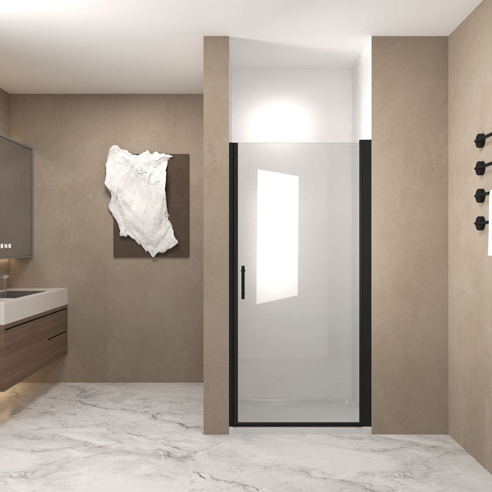 Giga shower door with clear glass and explosion-proof safety film, featuring sleek frames and secure, safety-enhanced design