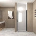 Giga shower door with clear glass and explosion-proof safety film, featuring sleek frames and secure, safety-enhanced design
