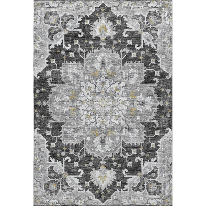9' X 12' Floral Medallion Distressed Washable Area Rug With UV Protection (644549) - Graphite / Gold / Charcoal