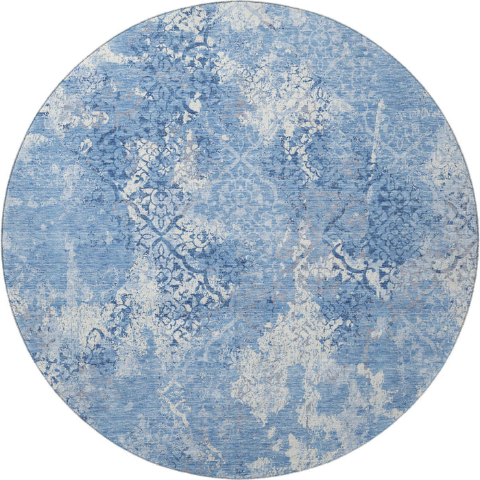 8' Abstract Washable Round Polyester Rug With UV Protection - Blue And Ivory