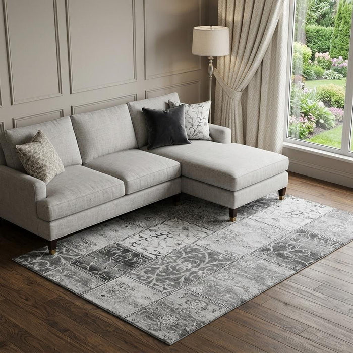 10' X 14' Patchwork Distressed Washable Area Rug With UV Protection (649570) - Gray / Ivory