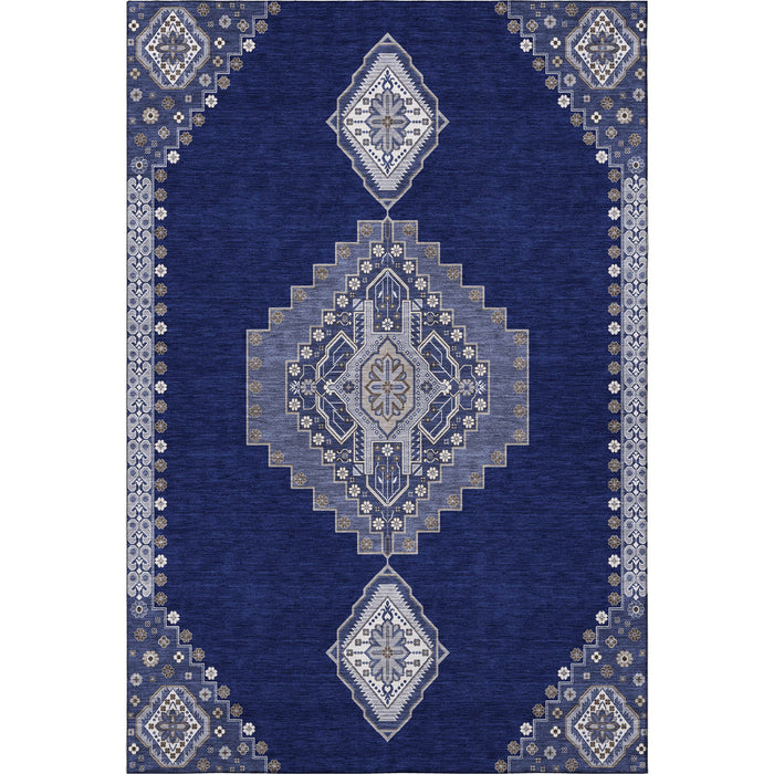 10' X 14' Oriental Washable Area Rug With UV Protection (679588) - Navy Blue / Ivory / Gray