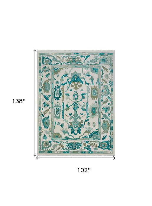 8' X 12' Wool Floral Hand Knotted Area Rug With Fringe - Green And Ivory