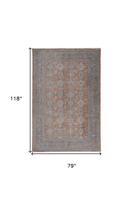 7' x 10' Oriental Power Loom Worn Faded Area Rug With Fringe - Blue And Red