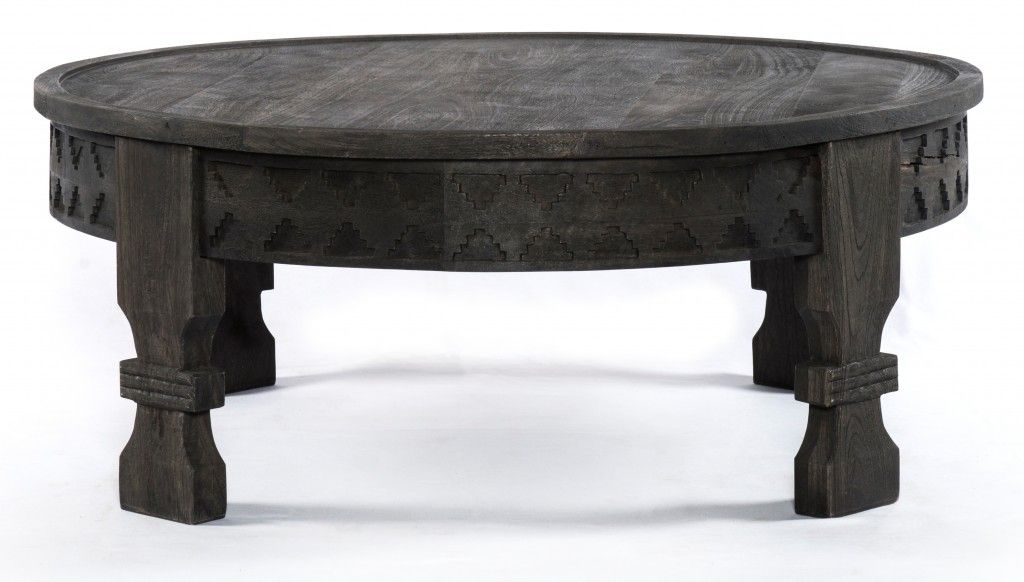 Carved Round Wooden Coffee Table - Black