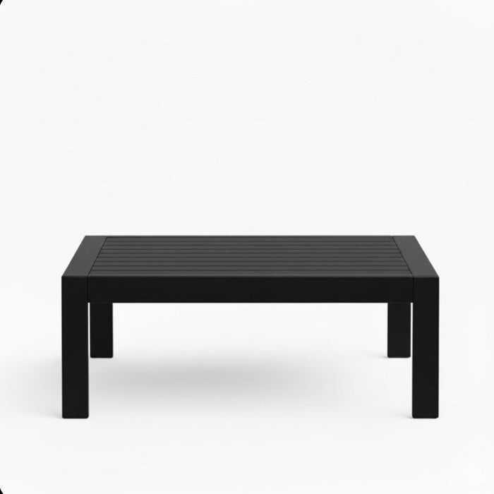 Giga all-weather outdoor coffee table with wood-look top, featuring a sturdy design and natural wood grain finish for patio use.