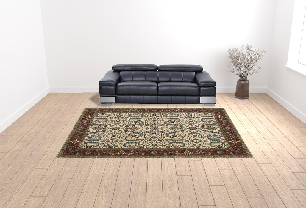 10' x 13' Oriental Power Loom Stain Resistant Area Rug With Fringe - Ivory Red Green Gray Blue And Navy