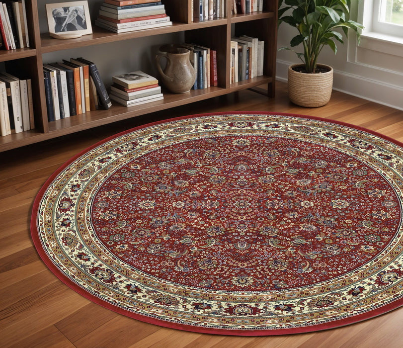 8' Oriental Round Rug - Red / Ivory
