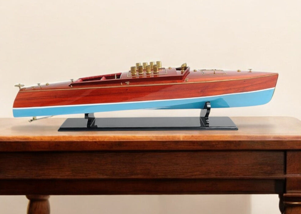 Hand Painted Model Boat Tabletop Sculpture - Blue / Brown
