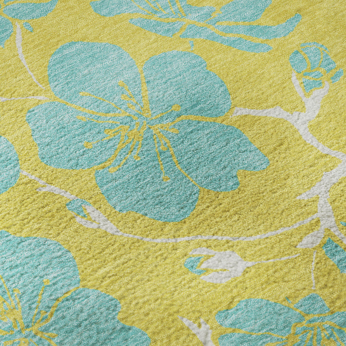 10' X 14' Floral Washable Area Rug With UV Protection (681209) - Yellow / Aqua