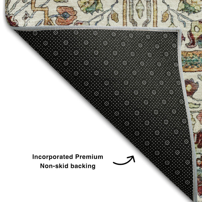 10' X 14' Floral Washable Area Rug With UV Protection (686000) - Ivory / Gold / Red / Teal