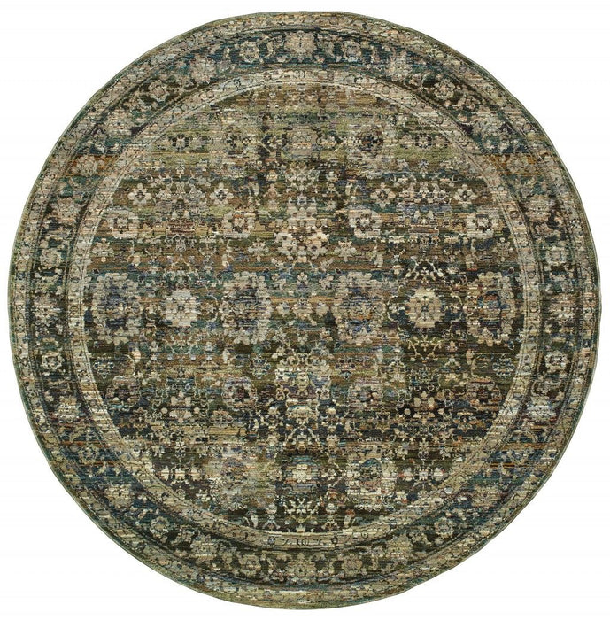 7' Round Floral Area Rug - Green And Brown