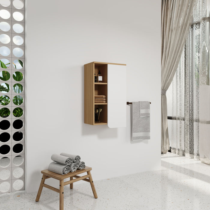 Giga wall-mounted bathroom linen cabinet with single door and three open shelves in black, light oak, or white finish.