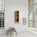Giga wall-mounted bathroom linen cabinet with single door and three open shelves in black, light oak, or white finish.