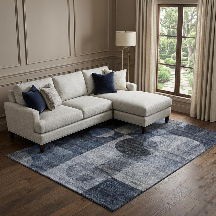 10' X 14' Geometric Washable Area Rug With UV Protection (684726) - Navy Blue / Silver / Charcoal