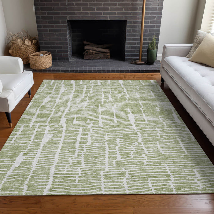 10' X 14' Vermicular Washable Area Rug With UV Protection - Artichoke Green And Ivory