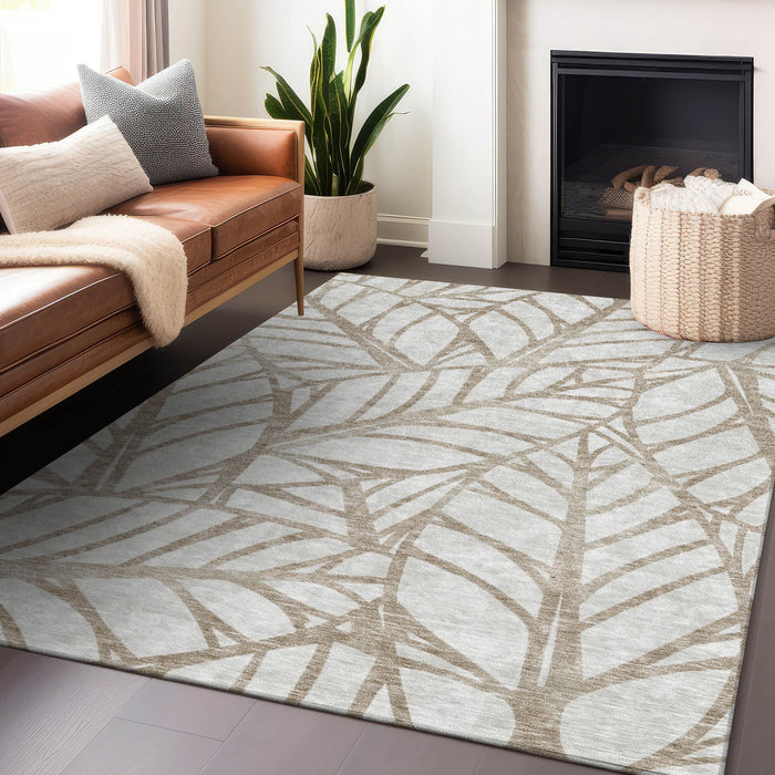 9' X 12' Floral Washable Area Rug With UV Protection - Beige And Brown