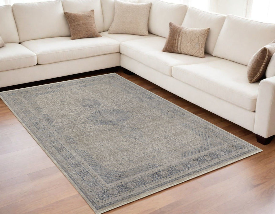 5' x 7' Oriental Power Loom Worn Faded Area Rug With Fringe - Gray Blue And Taupe
