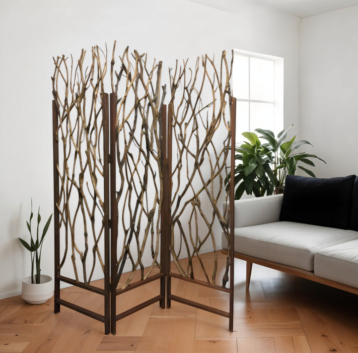 Wood Branches Folding Three Panel Screen Room Divider - Brown