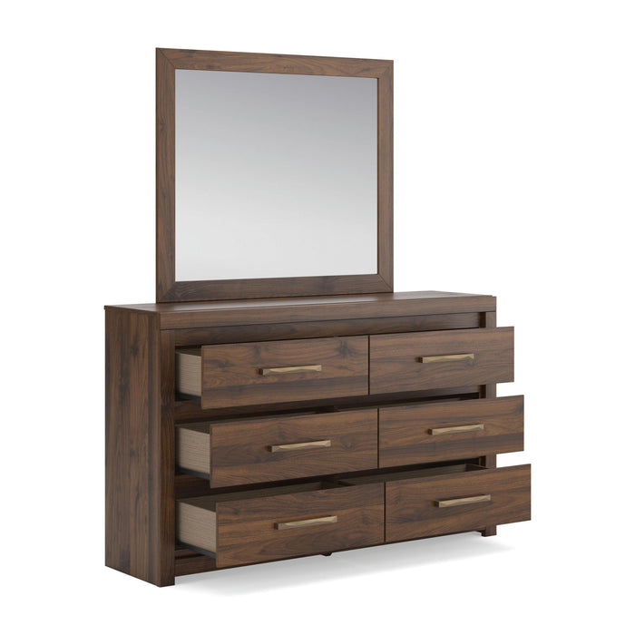 Signature Design by Ashley Janfyn six-drawer dresser with sleek wood finish and modern hardware for bedroom storage.