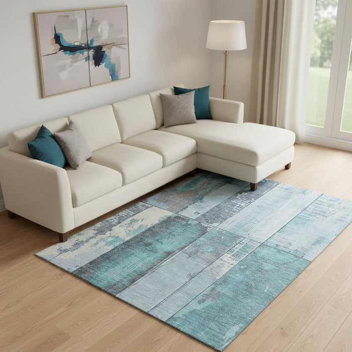 10' X 14' Geometric Washable Area Rug With UV Protection (706577) - Teal / Gray