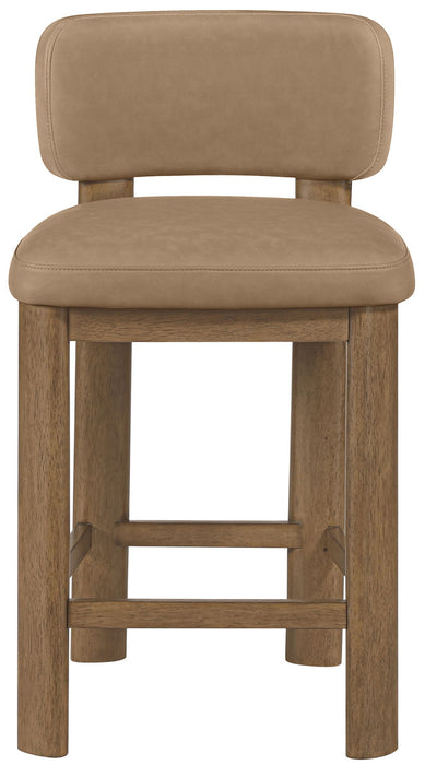 Set of two Meridian Furniture Paloma faux leather counter stools with brown frames, upholstered seating and modern design.