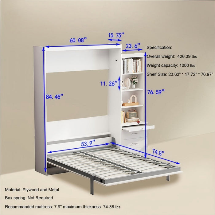 Giga modern vertical Murphy bed with shelf, drawers, and gas struts, ideal for space-saving bedroom or guestroom storage.