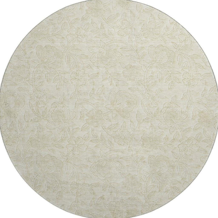 8' Floral Washable Round Rug With UV Protection - Ivory And Beige